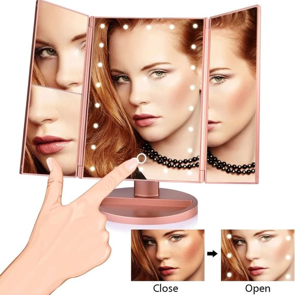 Tri-Fold Lighted Makeup Mirror 22 LED 1x 2x 3x Rose Gold USB Battery Operated - Picture 6 of 16